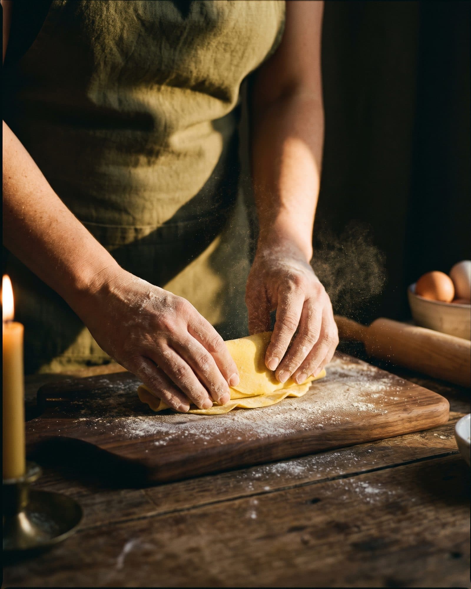 Chef folding fresh pasta dough