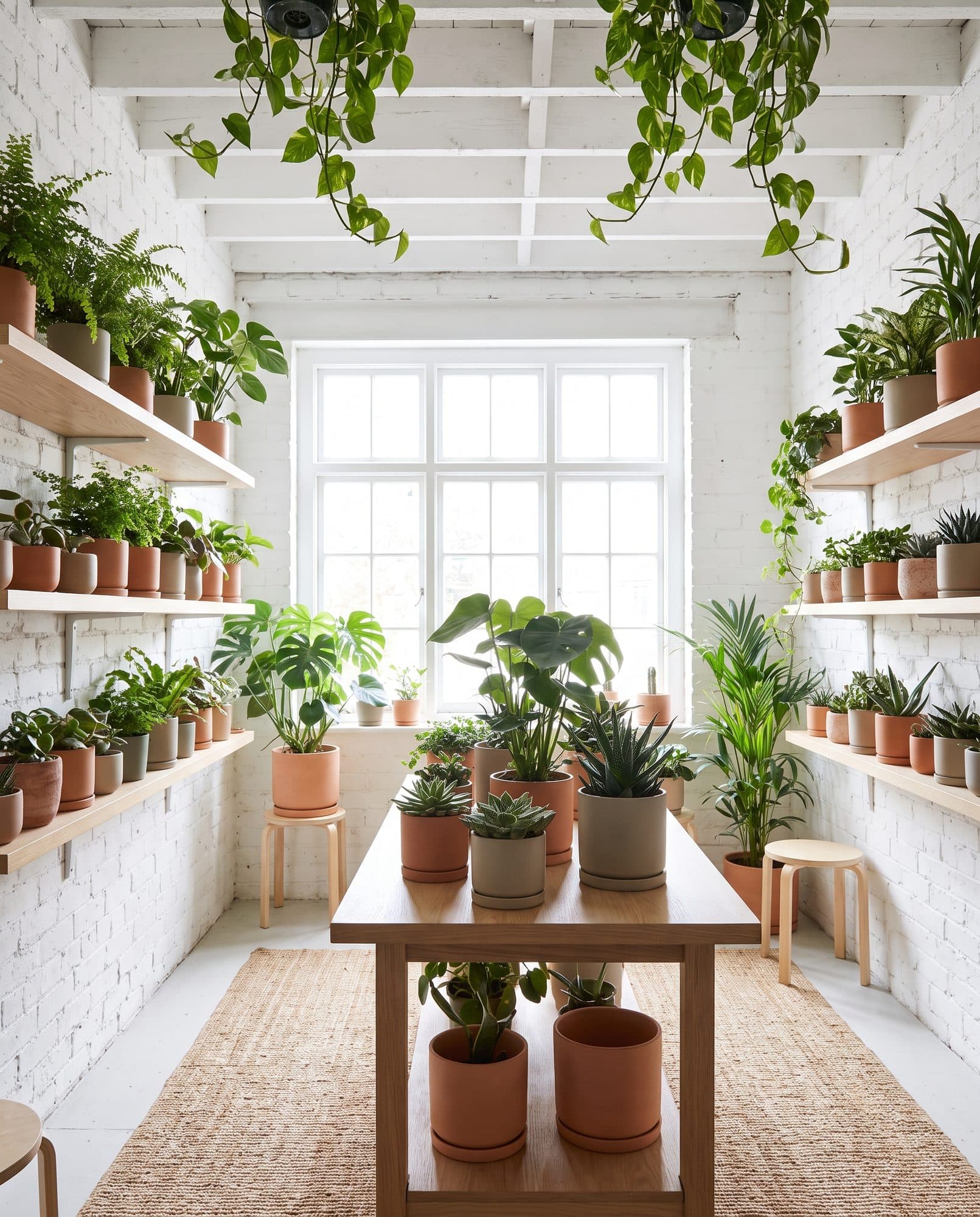Bright plant shop with shelves of potted plants