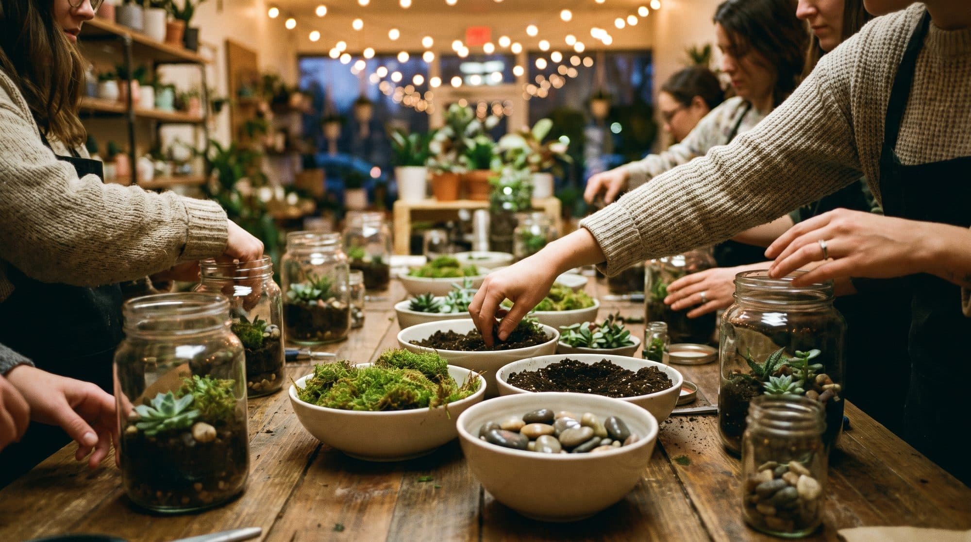 People building terrariums at a workshop table