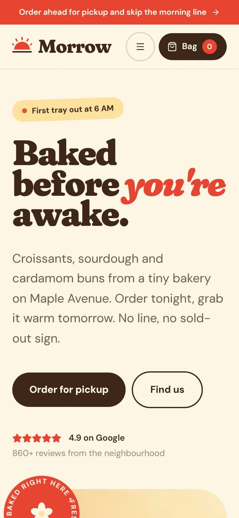 Morrow Bakehouse website on a phone