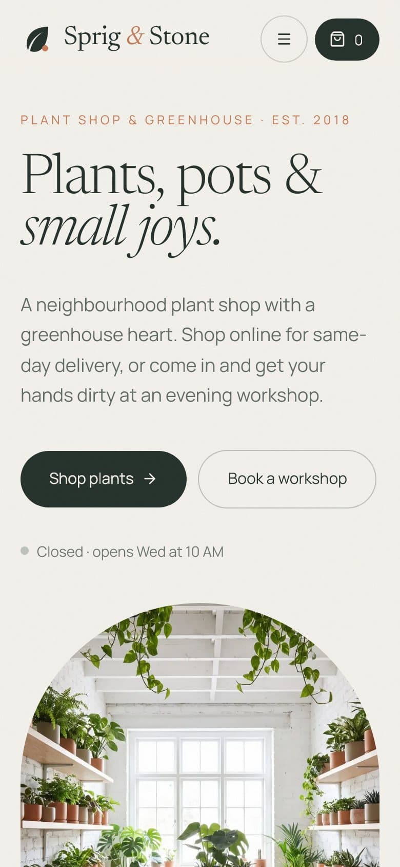 Sprig & Stone website on a phone